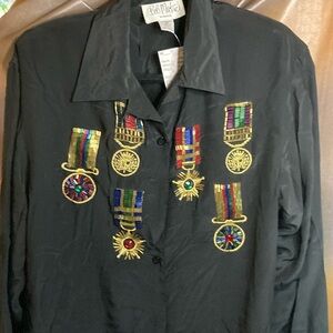 80’s vintage Bob Mackie black silk blouse‎ with sequin medal design. 410